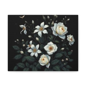 Dark Botanical Moonlight Garden Wall Art Canvas - Nocturnal Floral Canvas Print