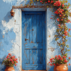 Mediterranean Blue Door Wall Art Canvas – Rustic Terracotta Geranium Scene