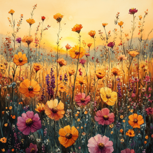 Wildflower Meadow Watercolor Wall Art Canvas – Botanical Golden Hour Landscape