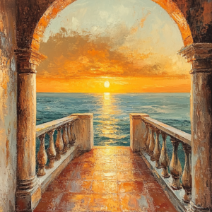 Mediterranean Terrace Golden Hour Wall Art Print – Luxury Riviera View