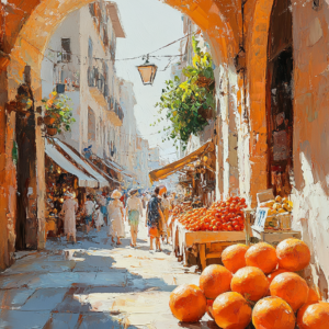 Mediterranean Market Scene Wall Art Print – Riviera Collection