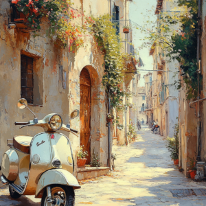 Vintage Vespa Italian Street Scene Wall Art Canvas – Dolce Vita Illustration