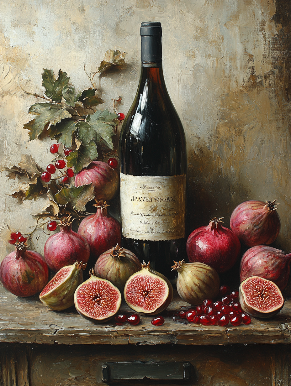 Vintage Moody Still Life Wine Figs Pomegranate Wall Art Canvas