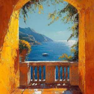 Mediterranean Terrace Golden Hour Wall Art Canvas – Luxury Riviera View