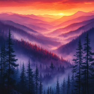 Mountain Layers Landscape Wall Art Print – Misty Forest Sunrise