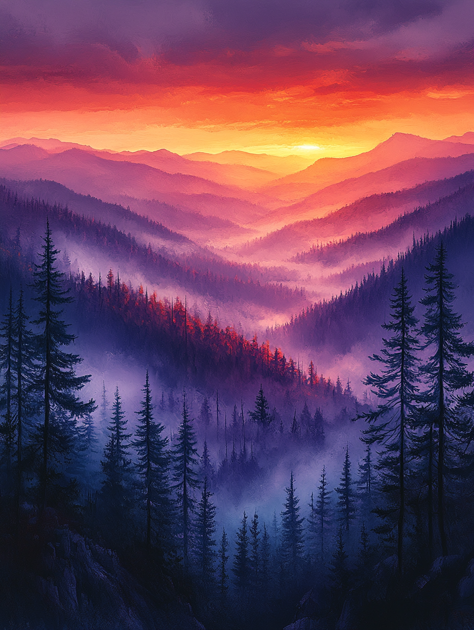 Mountain Layers Landscape Wall Art Print – Misty Forest Sunrise