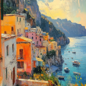Italian Riviera Soft Pastel Coastal Village Wall Art Print – Positano Dream