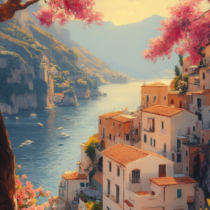 Italian Riviera Soft Pastel Coastal Village Wall Art Canvas – Positano Dream