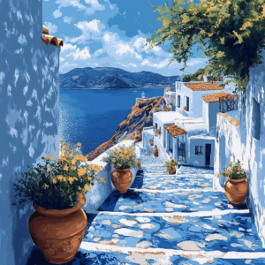 Santorini Street Scene Wall Art Print – Mediterranean Azure Landscape Poster