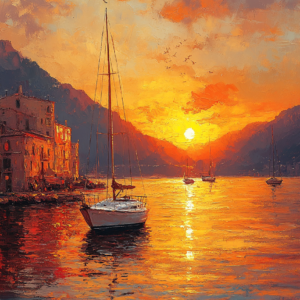 Mediterranean Harbor Sunset Impressionist Wall Art Print – Riviera Collection
