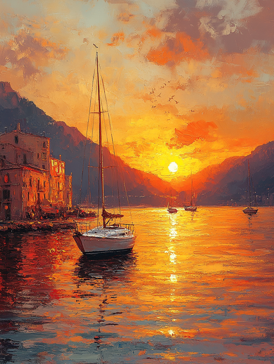 Mediterranean Harbor Sunset Impressionist Wall Art Print – Riviera Collection