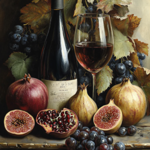 Vintage Moody Still Life Wine Figs Pomegranate Wall Art Print