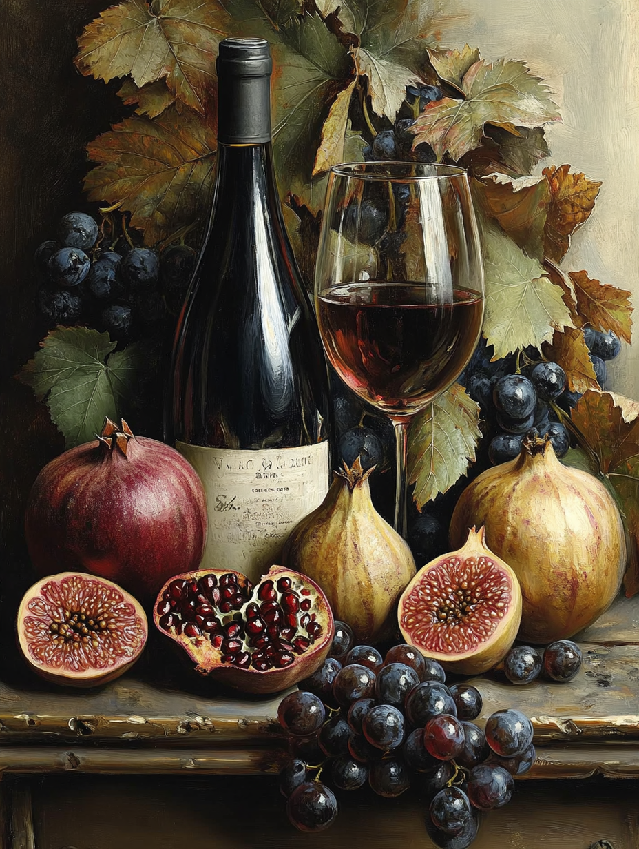 Vintage Moody Still Life Wine Figs Pomegranate Wall Art Print