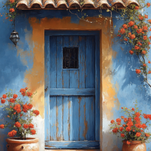 Mediterranean Blue Door Wall Art Print – Rustic Terracotta Geranium Scene
