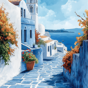 Santorini Street Scene Wall Art Canvas – Mediterranean Azure Landscape Canvas Print