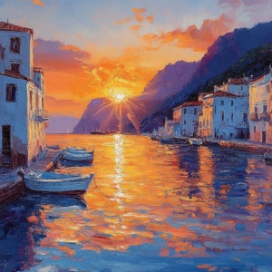 Mediterranean Harbor Sunset Impressionist Wall Art Canvas – Riviera Collection