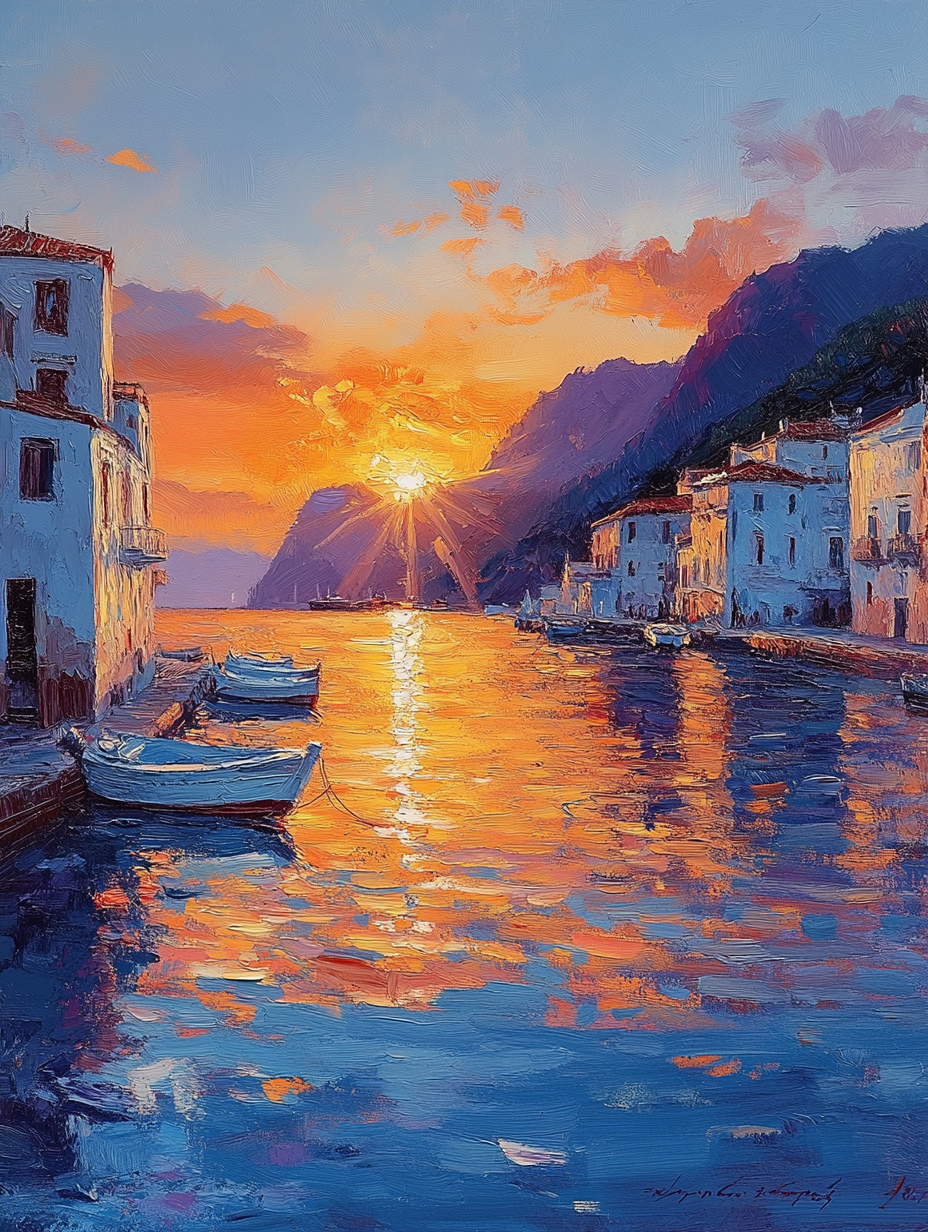 Mediterranean Harbor Sunset Impressionist Wall Art Canvas – Riviera Collection