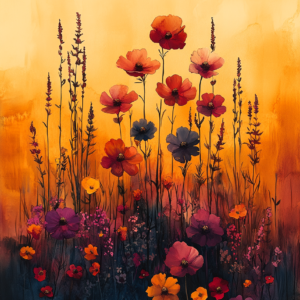 Wildflower Meadow Watercolor Wall Art Print – Botanical Golden Hour Landscape