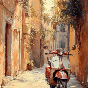 Vintage Vespa Italian Street Scene Wall Art Print – Dolce Vita Illustration