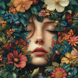 Botanical Portrait Wall Art Canvas – Surreal Woman Dreaming Garden