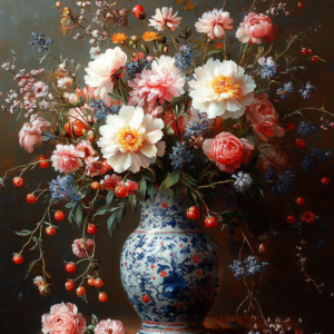 Dark Floral Still Life Wall Art Print – Dutch Master Peony Painting