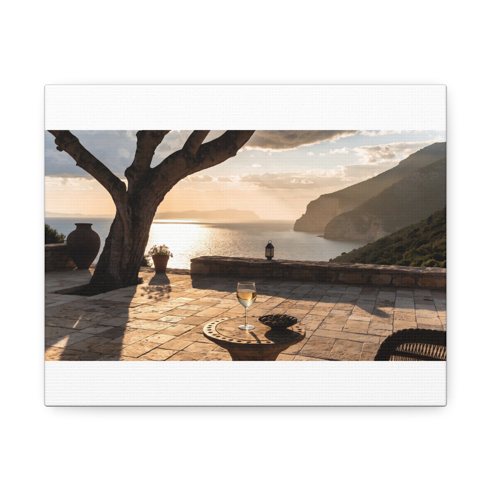 Mediterranean Terrace Golden Hour Wall Art Canvas - Luxury Riviera View