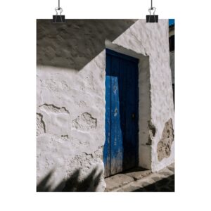 Mediterranean Blue Door Wall Art Print - Rustic Terracotta Geranium Scene