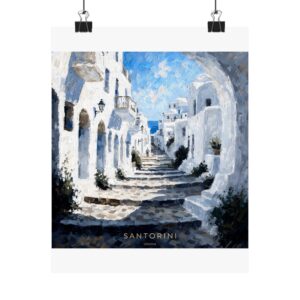 Santorini Street Scene Wall Art Print - Mediterranean Azure Landscape Poster